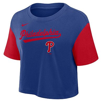 Women's Nike Royal/Red Philadelphia Phillies Script Cropped Performance T-Shirt