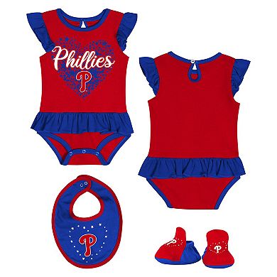 "Newborn Red Philadelphia Phillies Fan Cheer Bodysuit, Bib & Bootie Set"