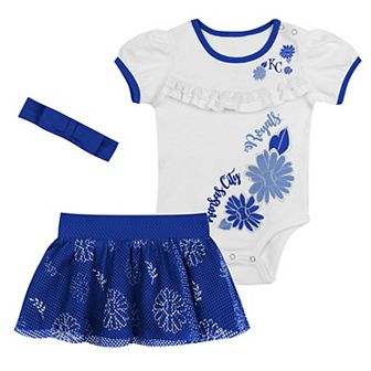"Newborn White/Royal Kansas City Royals Sweet Catcher 3 pc Bodysuit, Headband and Skirt Set"