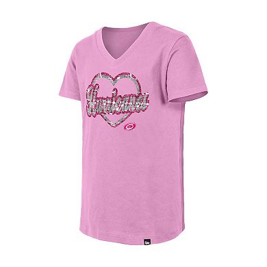 Girl's Youth New Era Pink Carolina Hurricanes Flip Sequin V-Neck T-Shirt