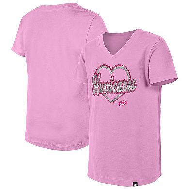 Girl's Youth New Era Pink Carolina Hurricanes Flip Sequin V-Neck T-Shirt