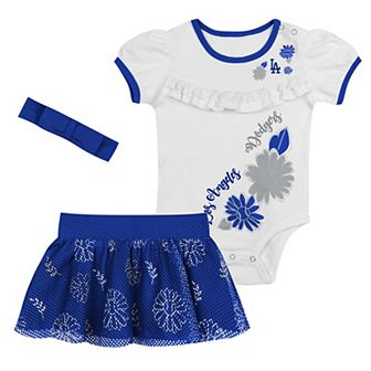 "Newborn White/Royal Los Angeles Dodgers Sweet Catcher 3 pc Bodysuit, Headband and Skirt Set"