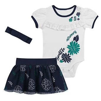 "Newborn White/Navy Seattle Mariners Sweet Catcher 3 pc Bodysuit, Headband and Skirt Set"