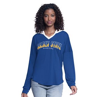 Women's G-III 4Her by Carl Banks Royal Golden State Warriors Bench Player Oversized Long Sleeve Hooded Top