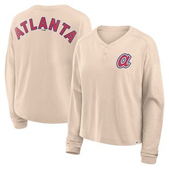 Women's Fanatics Tan Atlanta Braves Oversized Stadium Slub Long Sleeve Henley T-Shirt
