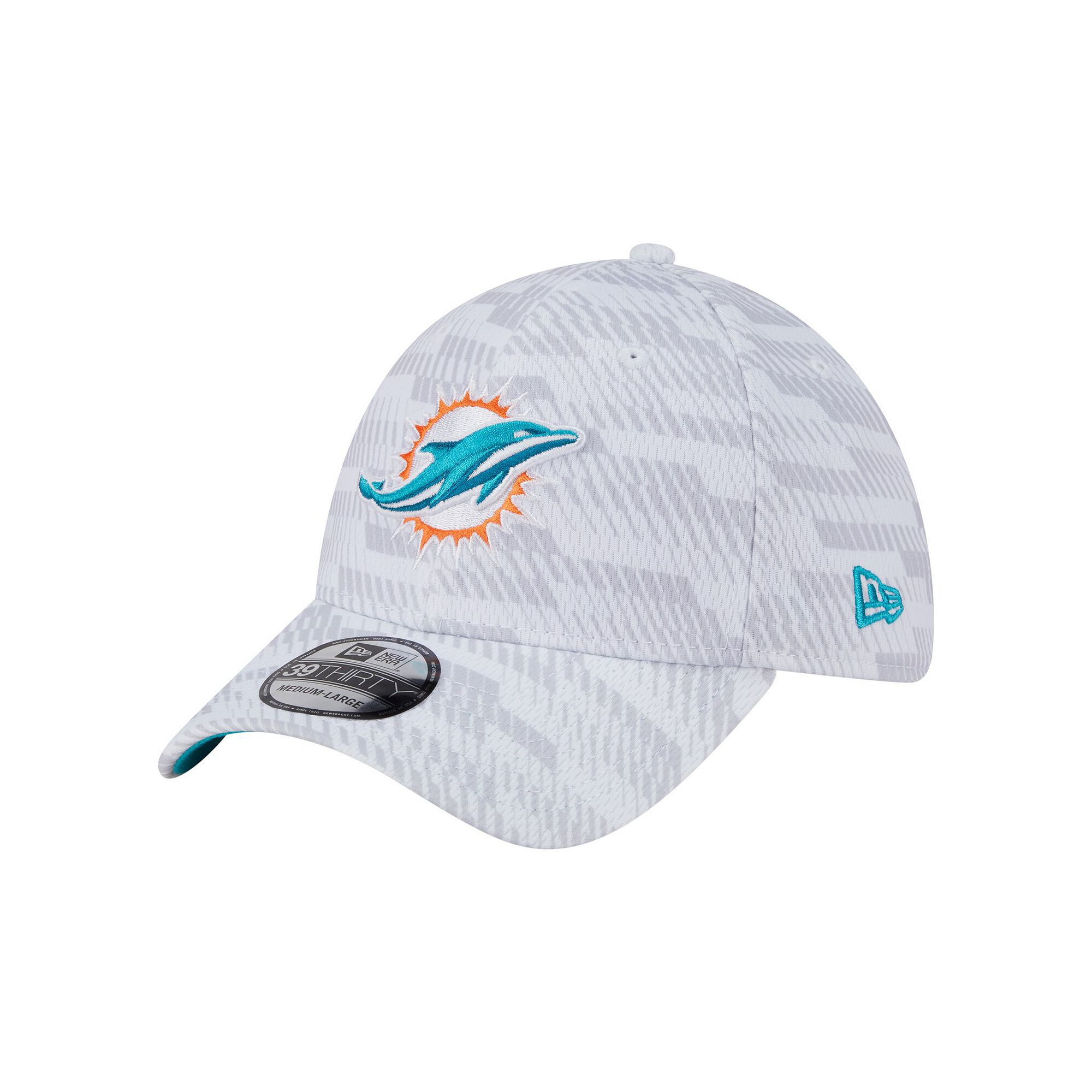 Mens New Era  White Miami Dolphins Gameday Graded 39THIRTY Flex Hat, Size: