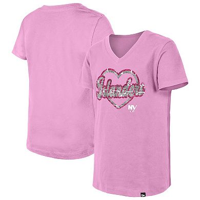 Girl's Youth New Era Pink New York Islanders Flip Sequin V-Neck T-Shirt