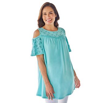 Woman Within Women's Plus Size Eyelet Cold-Shoulder Tunic