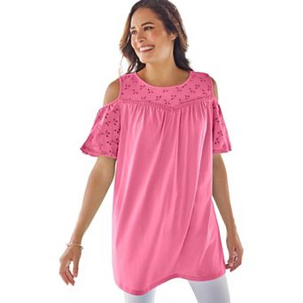 Woman Within Plus Size Eyelet Cold-Shoulder Tunic