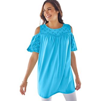 Woman Within Women's Plus Size Eyelet Cold-Shoulder Tunic