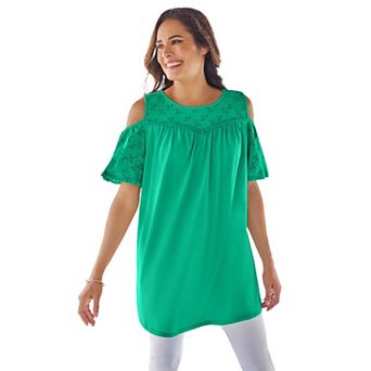 Woman Within Women's Plus Size Eyelet Cold-Shoulder Tunic