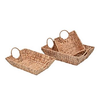 Rowan Bohemian Cottage Handwoven Hyacinth Rectangular Decorative Basket Trays with Handles