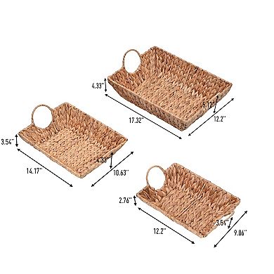 Rowan Bohemian Cottage Handwoven Hyacinth Rectangular Decorative Basket Trays with Handles