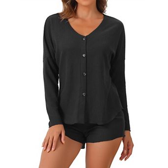 Women's Waffle Knit Pajama Sets Button Down Long Sleeve Tee and Shorts Matching Lounge Set