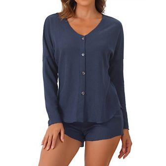 Women's Waffle Knit Pajama Sets Button Down Long Sleeve Tee and Shorts Matching Lounge Set