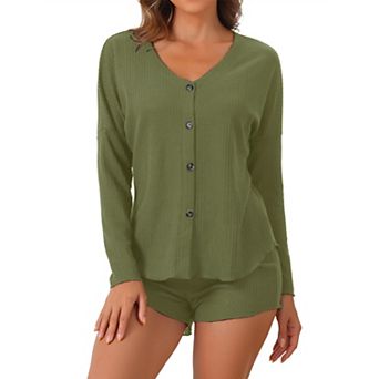 Women's Waffle Knit Pajama Sets Button Down Long Sleeve Tee and Shorts Matching Lounge Set