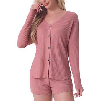 Women's Waffle Knit Pajama Sets Button Down Long Sleeve Tee and Shorts Matching Lounge Set