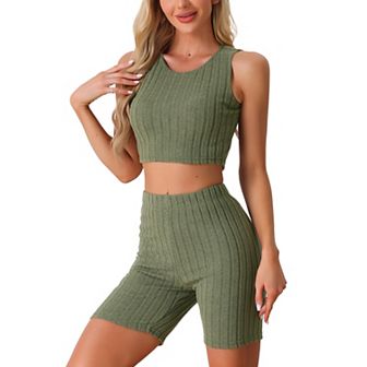 Womens Pajamas Sleeveless Summer Ribbed Knit with Jogger Biker Shorts Lounge Set