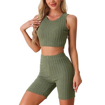 Womens Pajamas Sleeveless Summer Ribbed Knit with Jogger Biker Shorts Lounge Set