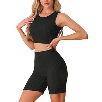 Womens Pajamas Sleeveless Summer Ribbed Knit with Jogger Biker Shorts Lounge Set