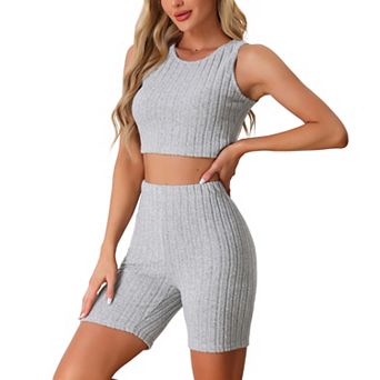 Womens Pajamas Sleeveless Summer Ribbed Knit with Jogger Biker Shorts Lounge Set