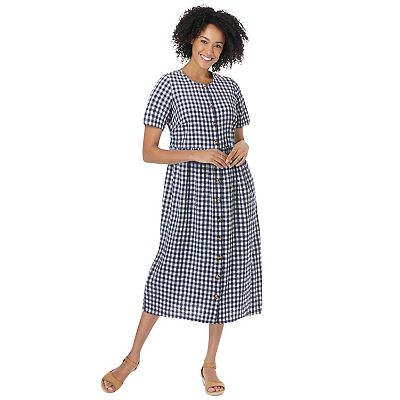 Woman Within Plus Size Short-Sleeve Seersucker Dress - Navy Gingham
