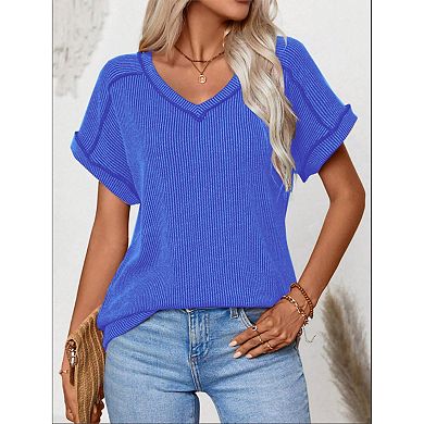 V Neck Cap Sleeve Ribbed Summer Tops for Women Trendy Casual Tshirt