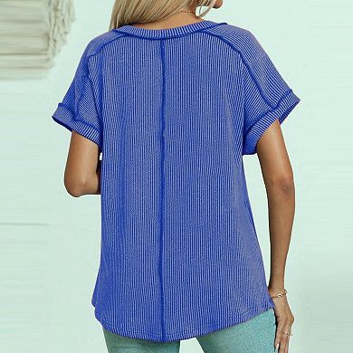 V Neck Cap Sleeve Ribbed Summer Tops for Women Trendy Casual Tshirt