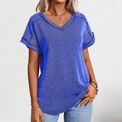 V Neck Cap Sleeve Ribbed Summer Tops for Women Trendy Casual Tshirt