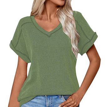 V Neck Cap Sleeve Ribbed Summer Tops for Women Trendy Casual Tshirt