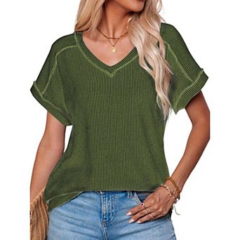 V Neck Cap Sleeve Ribbed Summer Tops for Women Trendy Casual Tshirt