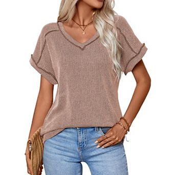 V Neck Cap Sleeve Ribbed Summer Tops for Women Trendy Casual Tshirt