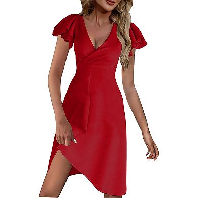 Womens Summer V Neck Ruffle Sleeve Sheath Casual Cocktail Party Work Faux Wrap Mini Dress