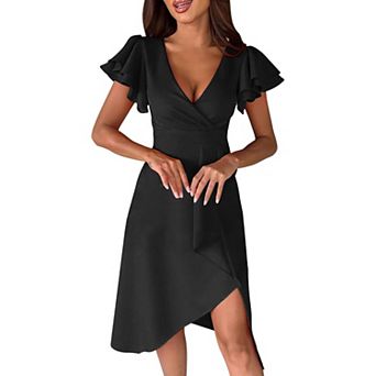 Womens Summer V Neck Ruffle Sleeve Sheath Casual Cocktail Party Work Faux Wrap Mini Dress