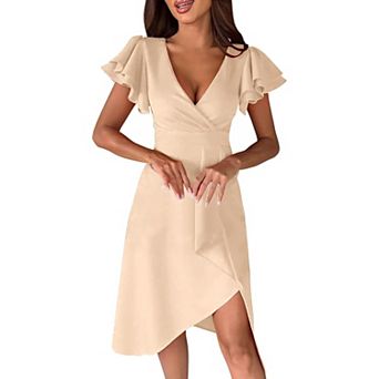 Womens Summer V Neck Ruffle Sleeve Sheath Casual Cocktail Party Work Faux Wrap Mini Dress