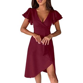 Womens Summer V Neck Ruffle Sleeve Sheath Casual Cocktail Party Work Faux Wrap Mini Dress