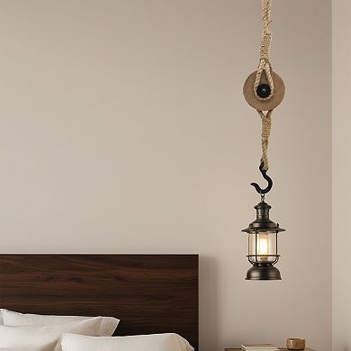 PARISLOFT Industrial Decorative Iron Faux Pulley Tackle with Jute Rope and Hook 23 x 4 x 4.5 Inches