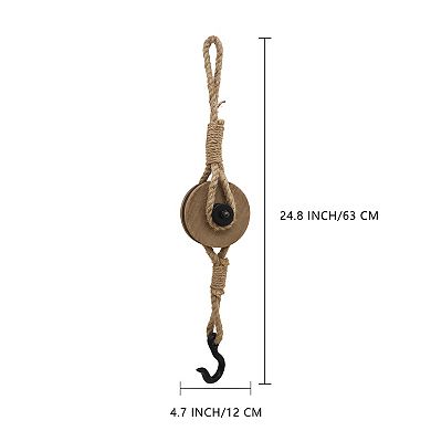 PARISLOFT Industrial Decorative Iron Faux Pulley Tackle with Jute Rope and Hook 23 x 4 x 4.5 Inches