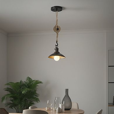 PARISLOFT Industrial Decorative Iron Faux Pulley Tackle with Jute Rope and Hook 23 x 4 x 4.5 Inches