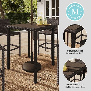 Martha Stewart Outdoor Rattan Wicker Patio Bar Table with Engineered Wood Top