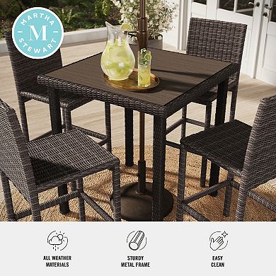 Martha Stewart Outdoor Rattan Wicker Patio Bar Table with Engineered Wood Top