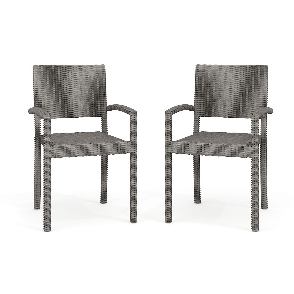 Martha Stewart Bedford Set of 2 Indoor-Outdoor Stackable Patio Dining Armchairs in Gray Rattan Wicker, image size:1000x1000