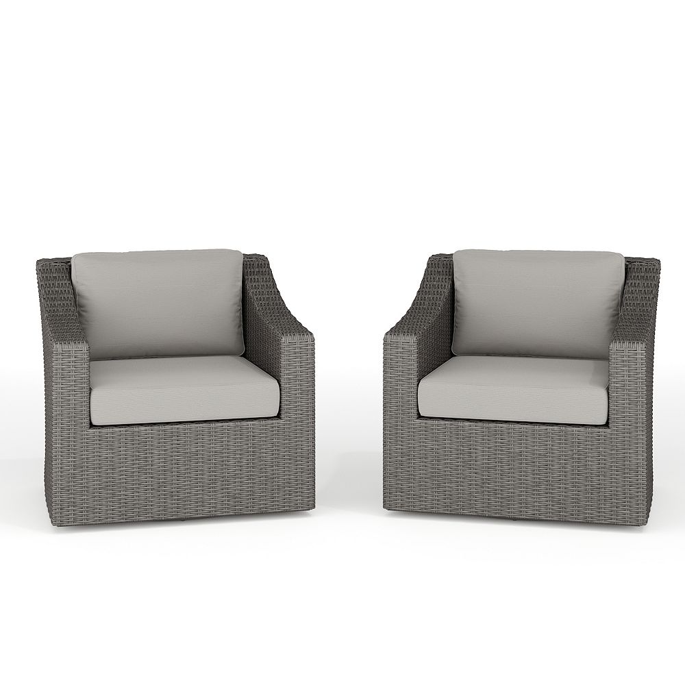 Martha Stewart Bedford Set of 2 Indoor-Outdoor Patio Chairs in Gray Rattan Wicker with 360° Swivel and Gray All-Weather Cushions, image size:1000x1000