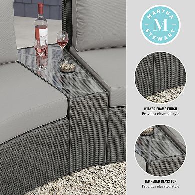 Martha Stewart Outdoor Rattan Wicker Patio Side Table with Inset Tempered Glass Top