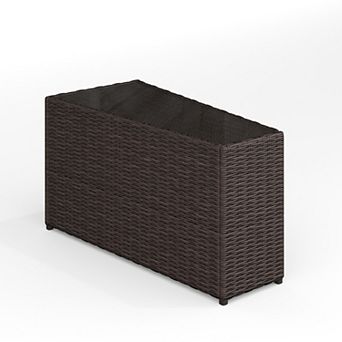 Martha Stewart Outdoor Rattan Wicker Patio Side Table with Inset Tempered Glass Top