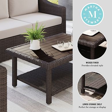 Martha Stewart Outdoor Rattan Wicker Patio Coffee Table with Engineered Wood Top