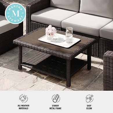 Martha Stewart Outdoor Rattan Wicker Patio Coffee Table with Engineered Wood Top