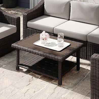 Martha Stewart Outdoor Rattan Wicker Patio Coffee Table with Engineered Wood Top