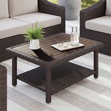 Martha Stewart Outdoor Rattan Wicker Patio Coffee Table with Engineered Wood Top