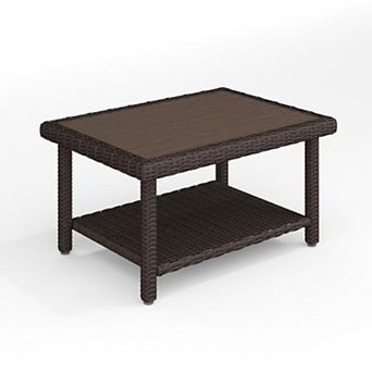 Martha Stewart Outdoor Rattan Wicker Patio Coffee Table with Engineered Wood Top